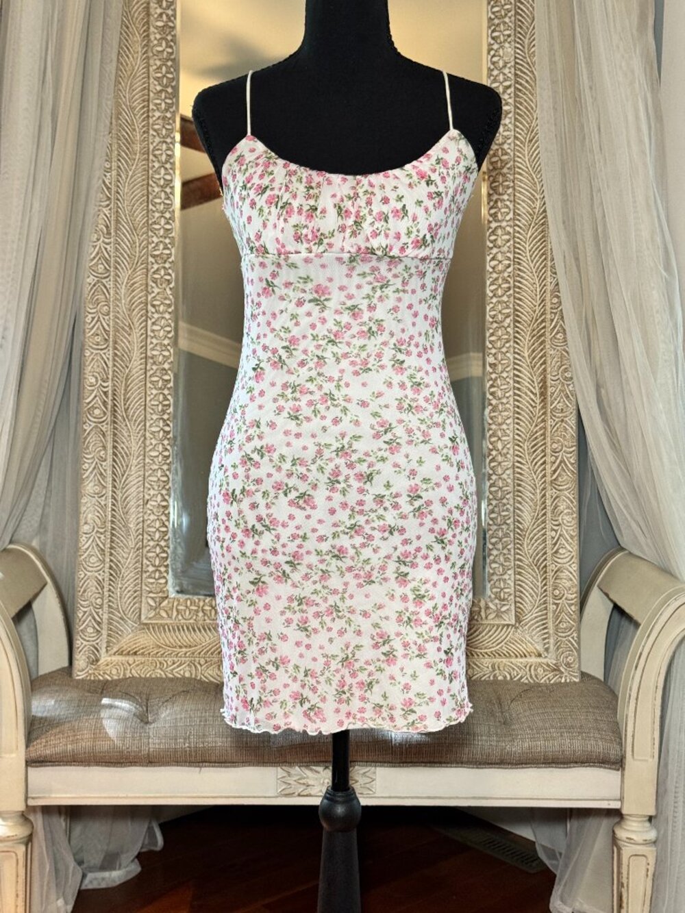 No Comment NY LA Pink Floral Mesh Mini Dress S Y2K Coquette - Picture 2 of 10